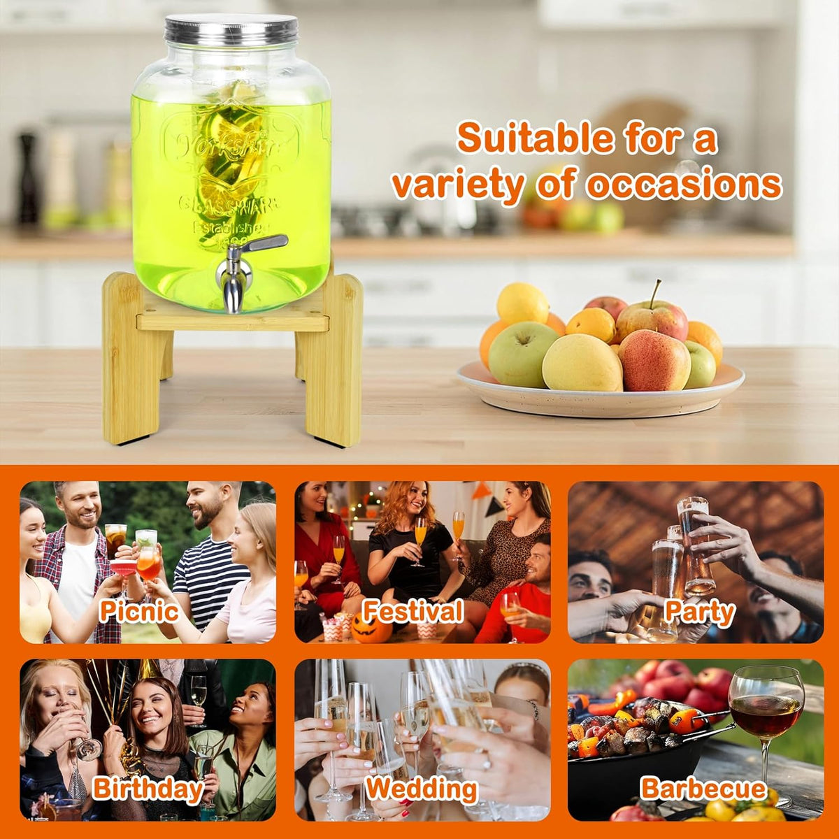 Drink Dispenser,Water Dispenser And Beverage Dispenser Stand(Natural Bamboo).Fit Inch Glass Drink Dispenser,Water Jugs,Glass Water Pitcher.Ideal for Home, Parties, and Catering Events.