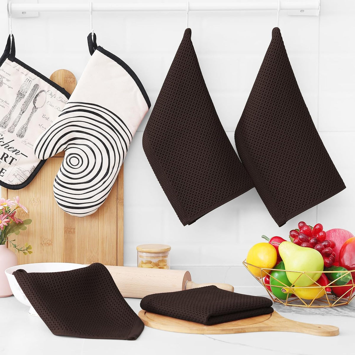 Homaxy 100% Cotton Waffle Weave Kitchen Dish Cloths, Ultra Soft Absorbent Quick Drying Dish Towels, 12 x 12 Inches, 8-Pack, Dark Brown