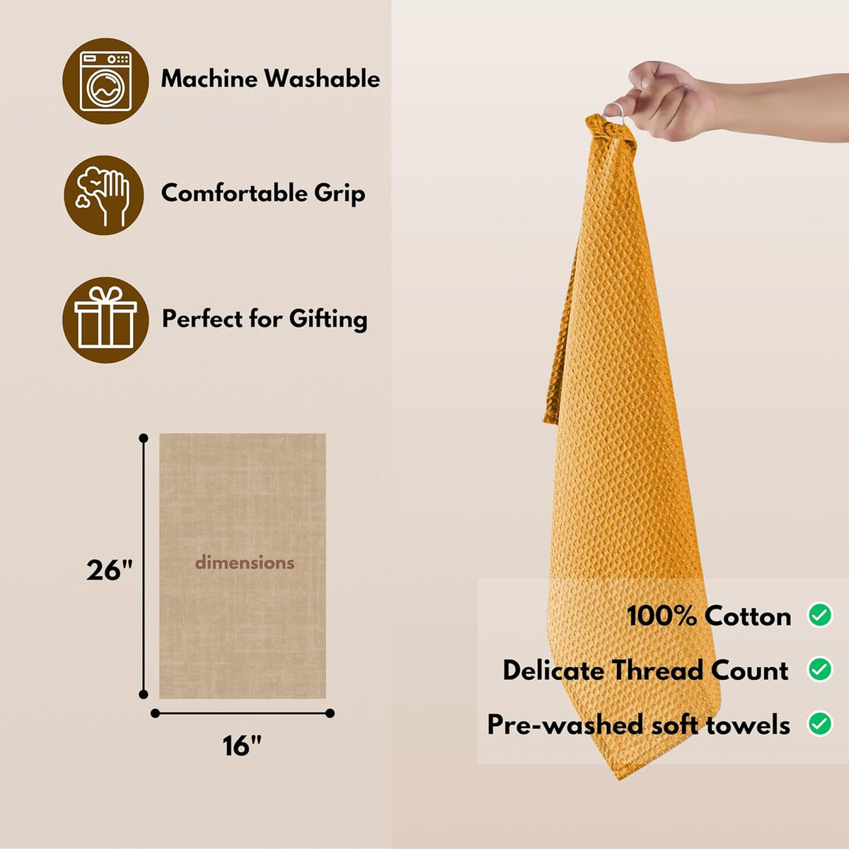 Native Fab Cotton Kitchen Towel with Hanging Loop 16x26 inches, 4-Pack, Waffle Weave Kitchen Towels for Cleaning Drying, Washcloths Soft & Absorbent Cloth Rags, Bar Towel, Dish Cloth, Mustard Yellow