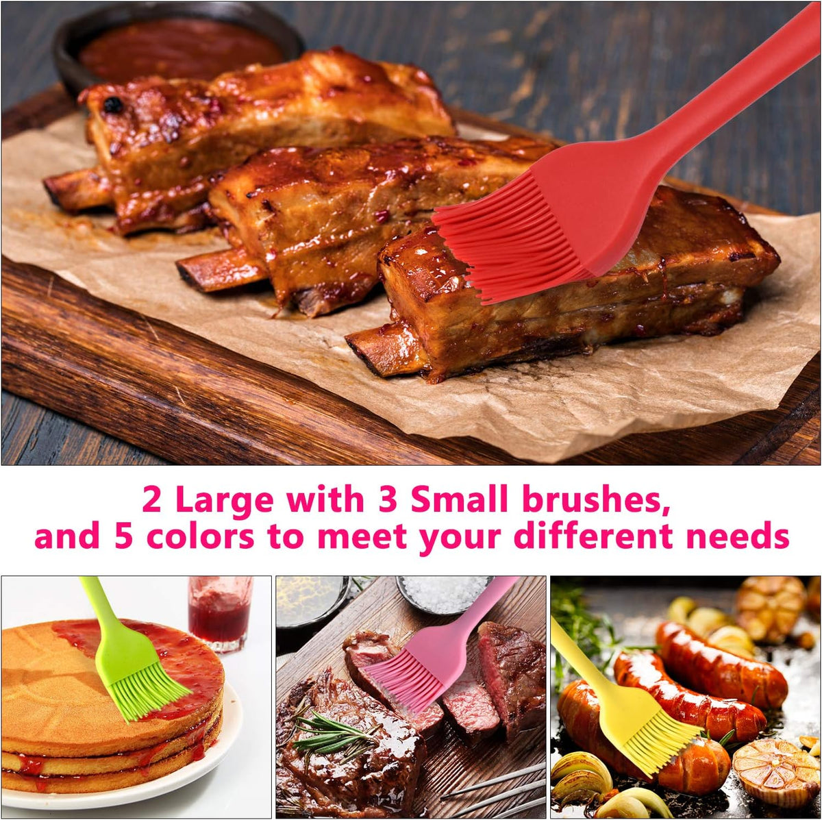 Silicone Basting Pastry Brush Set 5 Pack Heat Resistant Spread Oil Butter Sauce for BBQ Grill Barbeque Kitchen Baking Cooking Pastries, 2 Large & 3 Small Multicolor