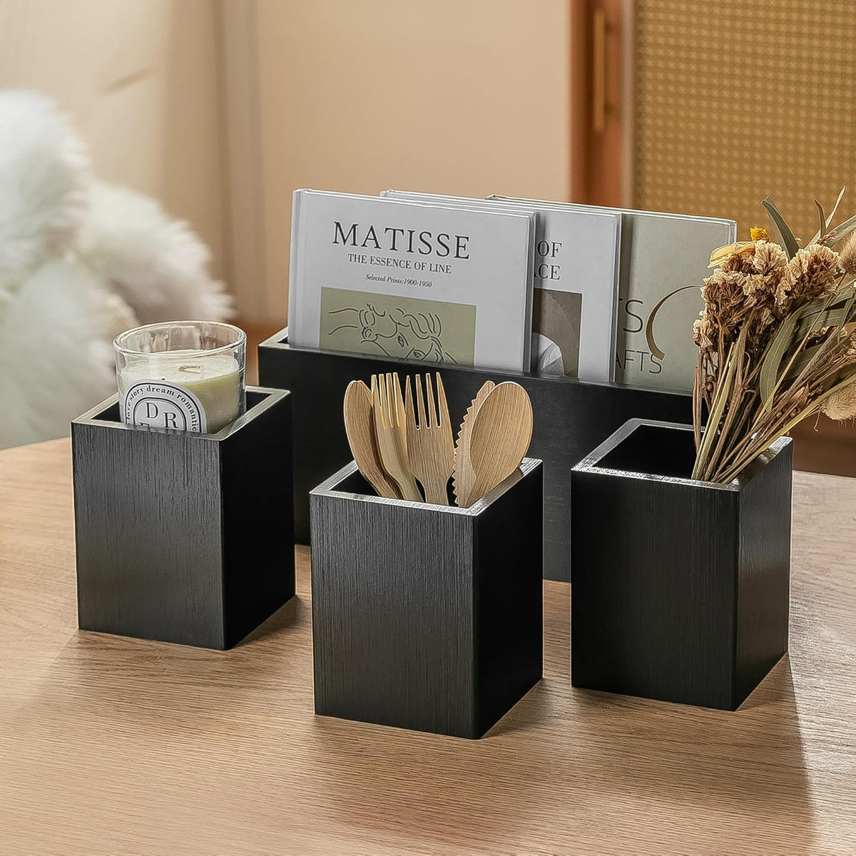 PTSTING Silverware Caddy Black Wood Silverware Holder Paper Plate Dispenser Utensil Caddy Cutlery Flatware Organizer Box for Spoons Forks Plates Napkins