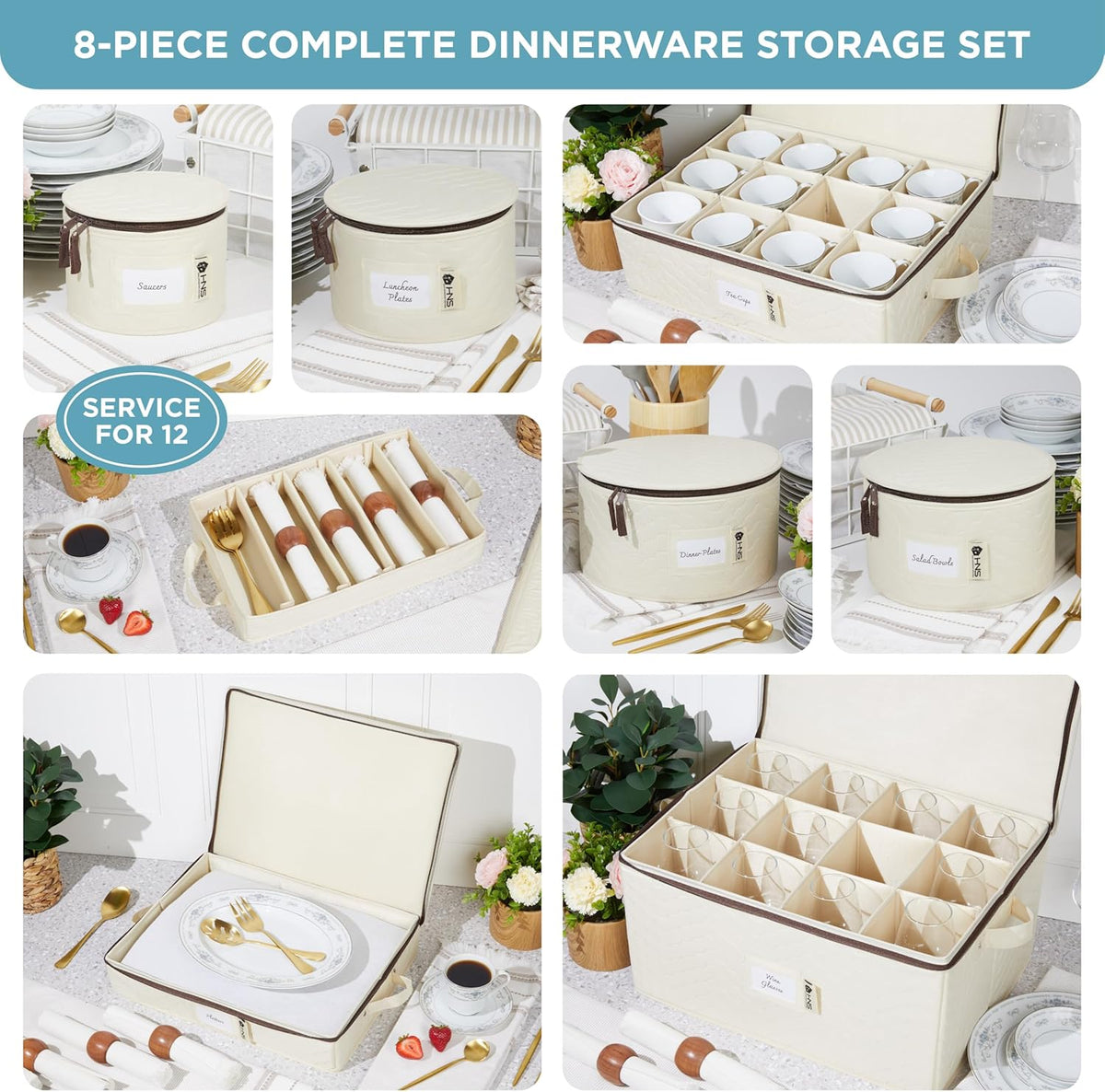 Hard Shell China Storage Containers 8-Piece Set Moving Boxes for Dinnerware, Glasses, Plates, Mugs and Saucers Sturdy Dish Organizer with Dividers for Seasonal Storage - Service for 12 - Beige Quilted