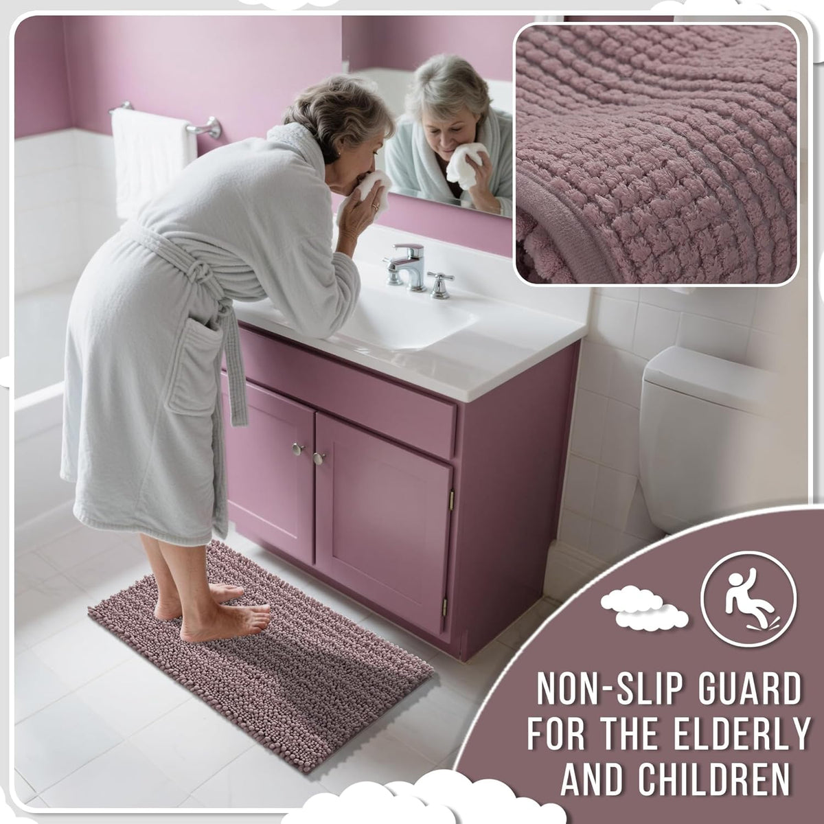 Yimobra Bathroom Rugs Non Slip Washable 24x17 Inch - Ultra Soft Absorbent Chenille Bath Mat, Quick Dry Shaggy Floor Carpet for Tub Shower, Mauve Home Decor Accessories