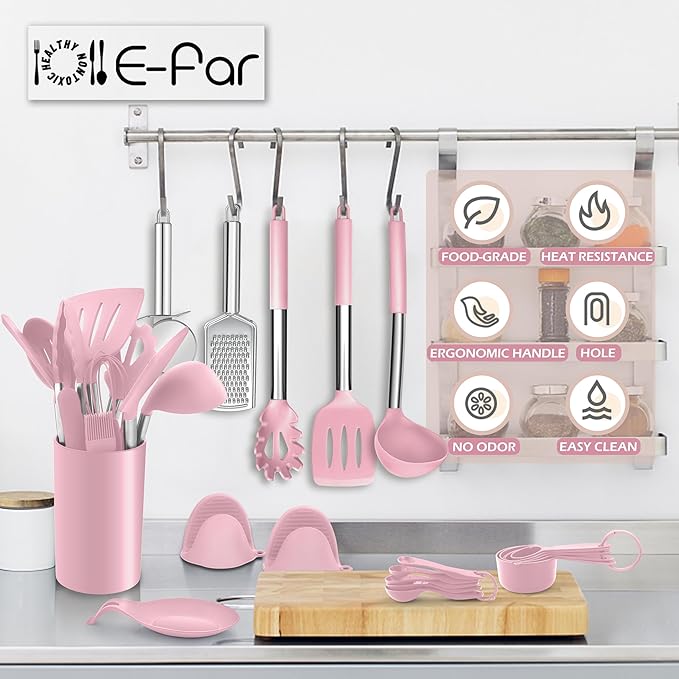 E-far Silicone Cooking Utensils Set, 30 Pcs Heat Resistant Kitchen Utensils with Stainless Steel Handle, Heat Resistant Kitchen Spatulas Turner Tong Spoon Whisk Ladle for Nonstick Cookware, Pink