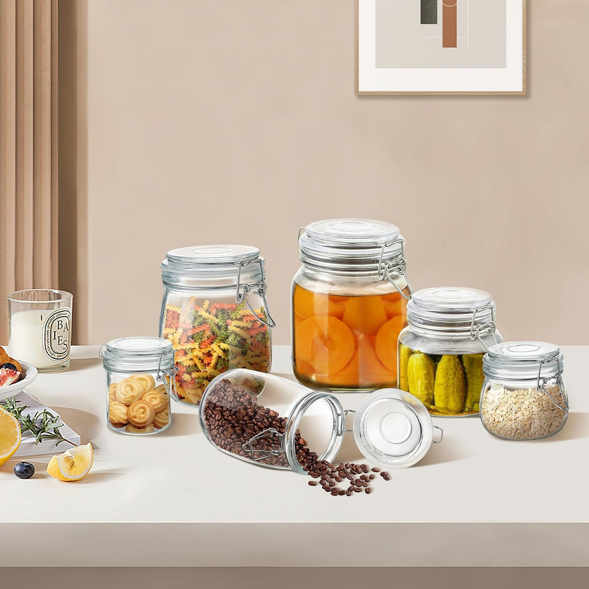 Glass Food Storage Jars with Airtight Lids 34 oz Round 4 Pack Kitchen Storage Containers Large Cabinet Canisters Sealed Pot Canning for Pasta, Cereal, Coffee, Beans, Spice
