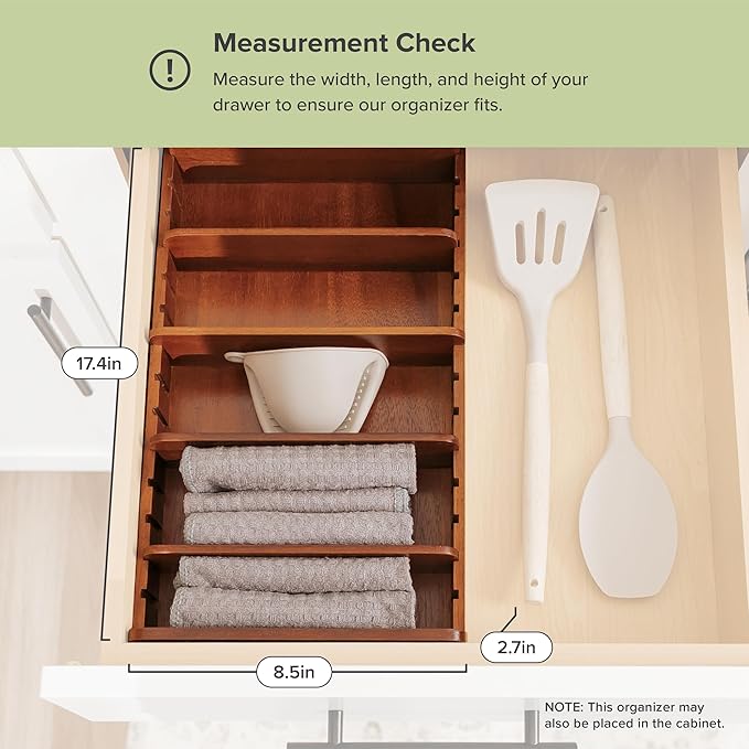 KitchenEdge Acacia Kitchen Towel and Storage Organizer, Perfect for Drawers, Cabinets, Pantry, 5 Adjustable Wall Inserts, Non-Slip Feet, Organize Containers, Food-Safe Finish