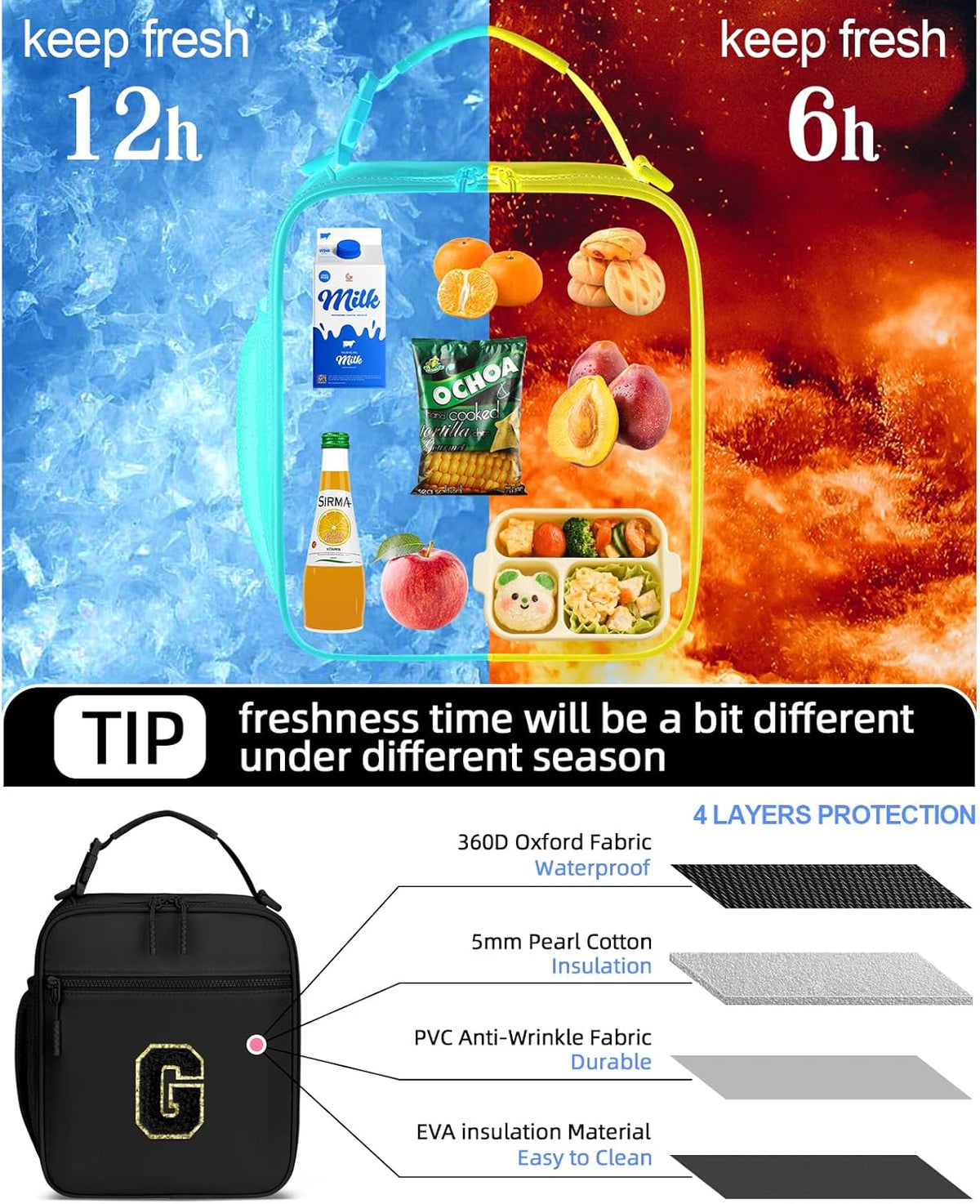 Initial Insulated Lunch Bag for Boys Kids, Back to School Gift, Reusable Leak-proof Lunch Box with Adjustable Strap for School Daycare Travel Picnic(Black,G)