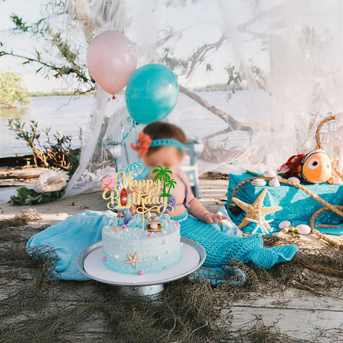 Gyufise 1Pcs Summer Beach Happy Birthday Cake Topper Glitter Ball Tree Umbrella Pool Cake Pick for Hawaiian Holiday Baby Shower Birthday Party Cake Decorations Supplies Gold