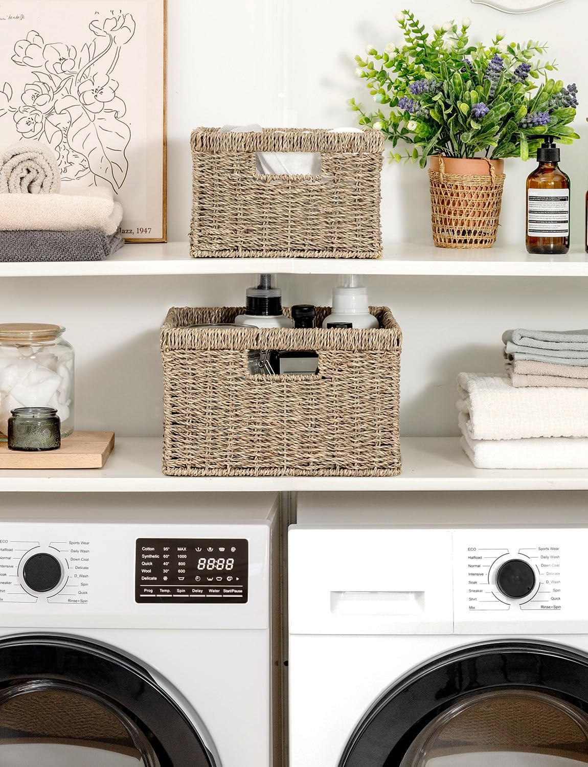 StorageWorks Wicker Storage Baskets, Handwoven Seagrass Basket for Organizing, Decorative Wicker Baskets with Built-in Handles, Set of 2