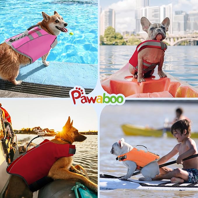 Pawaboo Dog Life Jacket, Reflective Dog Safety Vest Adjustable Pet Life Preserver with Strong Buoyancy & Sturdy Rescue Handle, Ripstop Dog Lifesaver Vests for Swimming, Boating, XL, Red