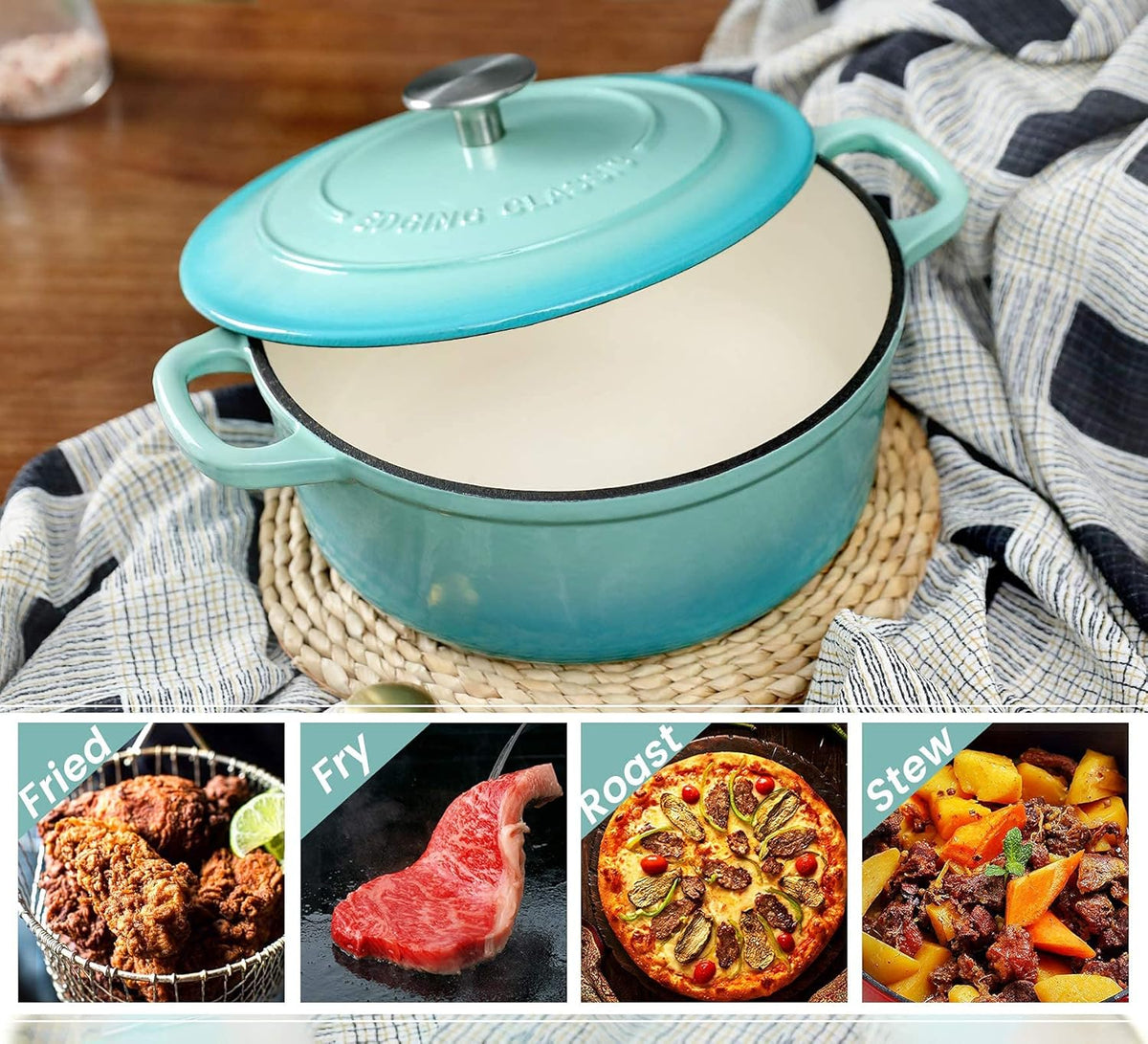 Enameled Cast Iron Covered 5.5 Quart Dutch Oven with Dual Handle for Bread Baking, Dutch Ovens with Lid, Peacock Blue