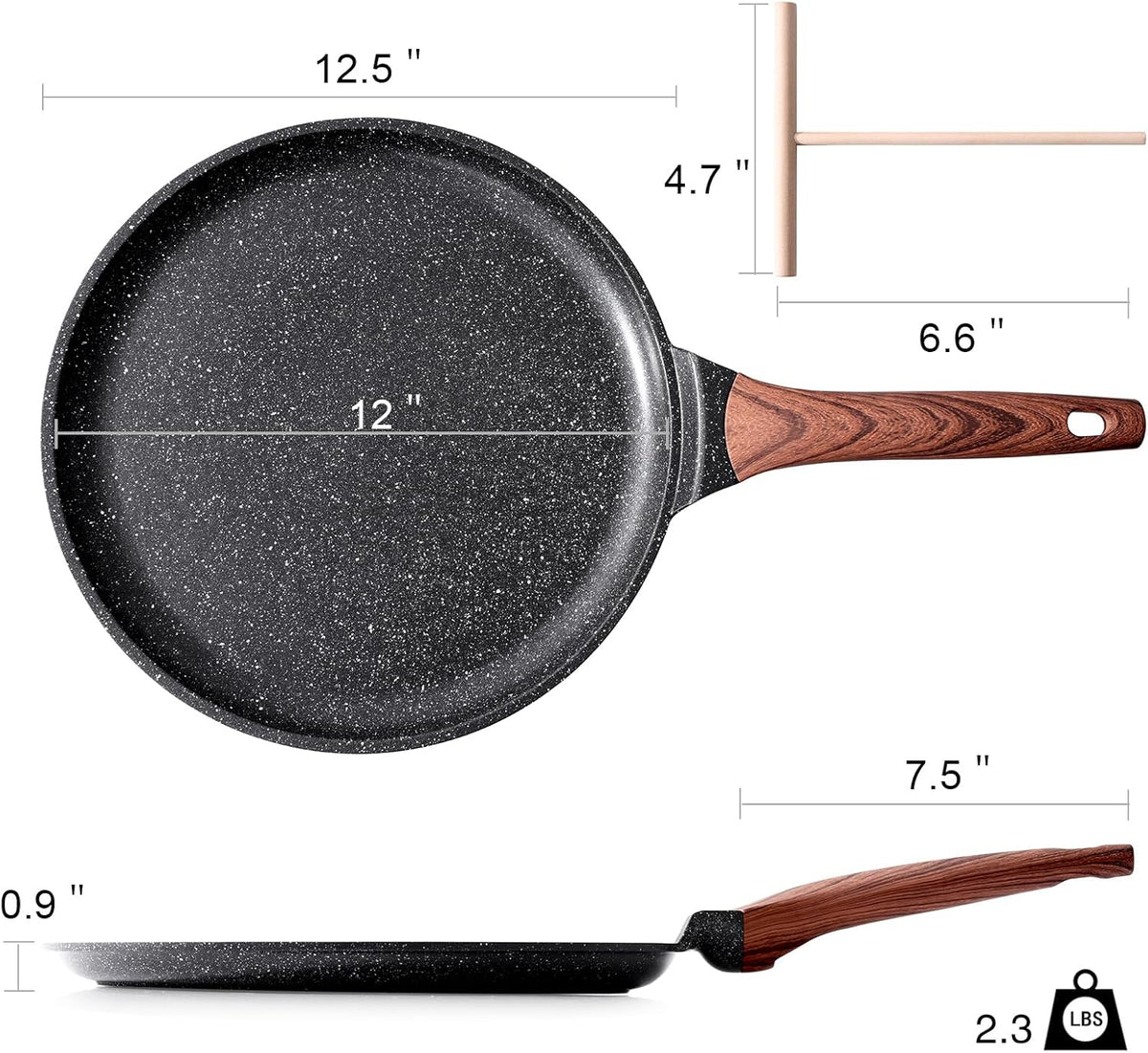Crepe Pan Nonstick, 12 Inch Dosa Pan with Spreader, Granite Coating Comales Para Tortillas Pancake Pan, Flat Pan for Stove Top, Induction Compatible, PFOA Free