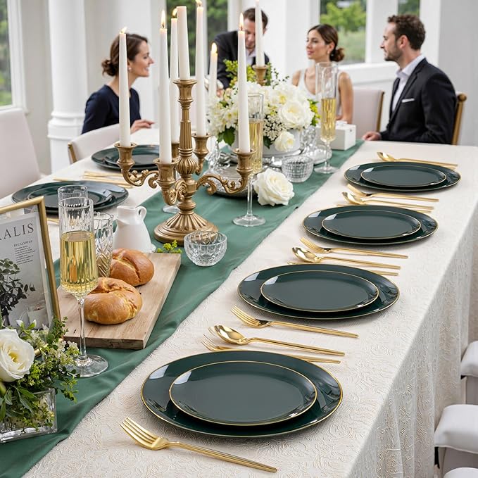 bUCLA 200PCS Green Plastic Plates - Green Disposable with Gold Rim Include 100 Dinner 10 inch & 100 Dessert 7 inch Plates, Ideal for Party & Christmas