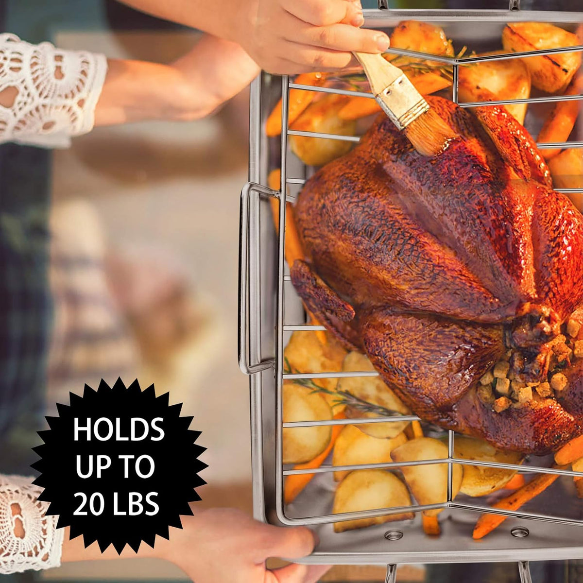 P&P CHEF 16" Roaster Roasting Pan with Baking Rack and V-shaped Rack, Stainless Steel Rectangular Lasagna Pan with Handles for Turkey Chicken, Healthy & Dishwasher Safe, 3 Pieces, Silver