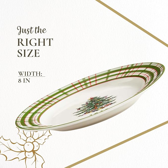 Spode Annual 2025 Collector Plate - Red & Green Plaid Border, Holiday Accent for Appetizers, Desserts & Display - 8 Inch Porcelain Plate, Microwave, Oven, Dishwasher & Freezer Safe