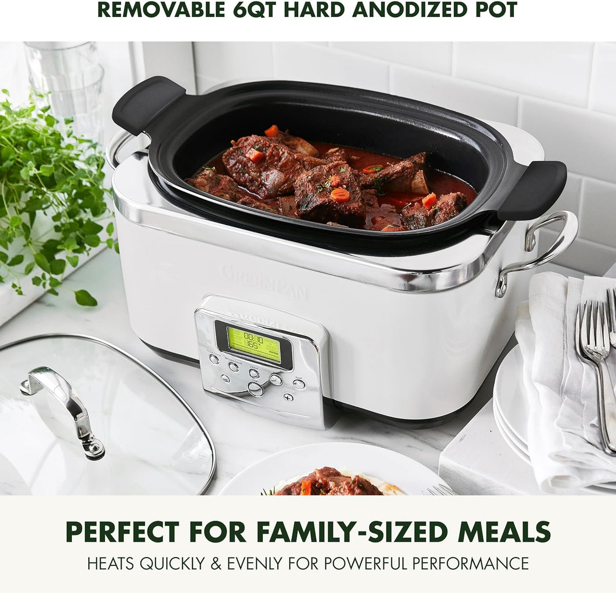 GreenPan Elite 8-in-1 Programmable 6QT Electric Slow Cooker, Dishwasher Safe Lid & Removable Crock, PFAS-Free Healthy Ceramic Nonstick Multi-Cooker, Sear, Sauté, Brown, Steam Basket, Roast, White