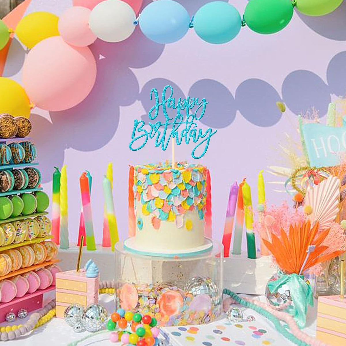 ZHUOWEISM 1 PCS Happy Birthday Cake Topper Glitter Happy Birthday Cake Pick for Celebrating Happy Birthday Anniversary Theme Party Cake Decorations Supplies Light Blue