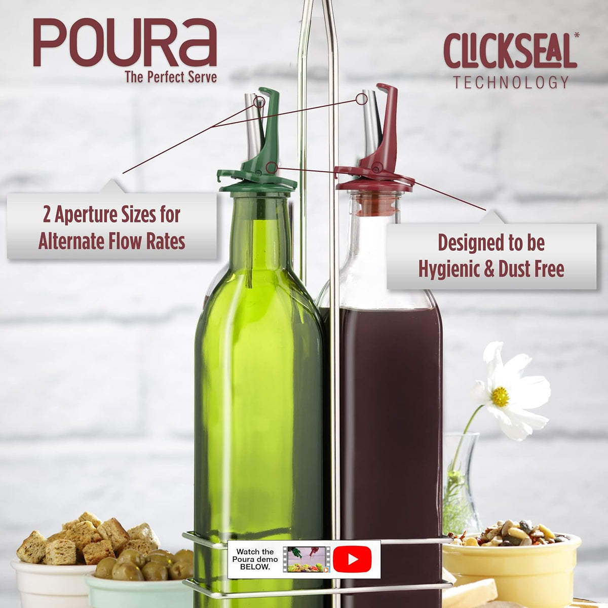 Poura Oil and Vinegar Dispenser Spouts | Airtight ClickSeal Bottle Pourers Keeps Oil Fresh with Built-in Caps | Use Your Own Bottles as Oil & Vinegar Dispensers | Dishwasher Safe