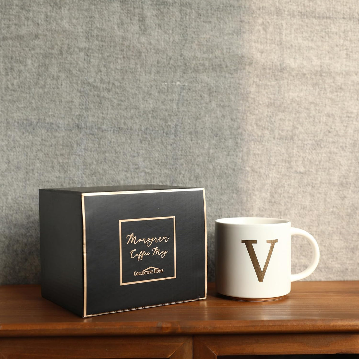 COLLECTIVE HOME - Monogram Ceramic Mugs, 15 oz Golden Initial Coffee Cups, Elegant Alphabet Tea Mugs, Elegant Personalized Mug with Gift Box, Unique Mug with Double Side Capital Letter (V)