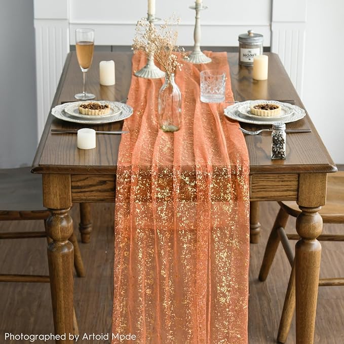Artoid Mode 3PCS Orange Gold Gauze Table Runner 120 Inch 10FT, Glitter Metallic Foil Sheer Dining Wedding Anniversary Holiday Table Decor for Home Party