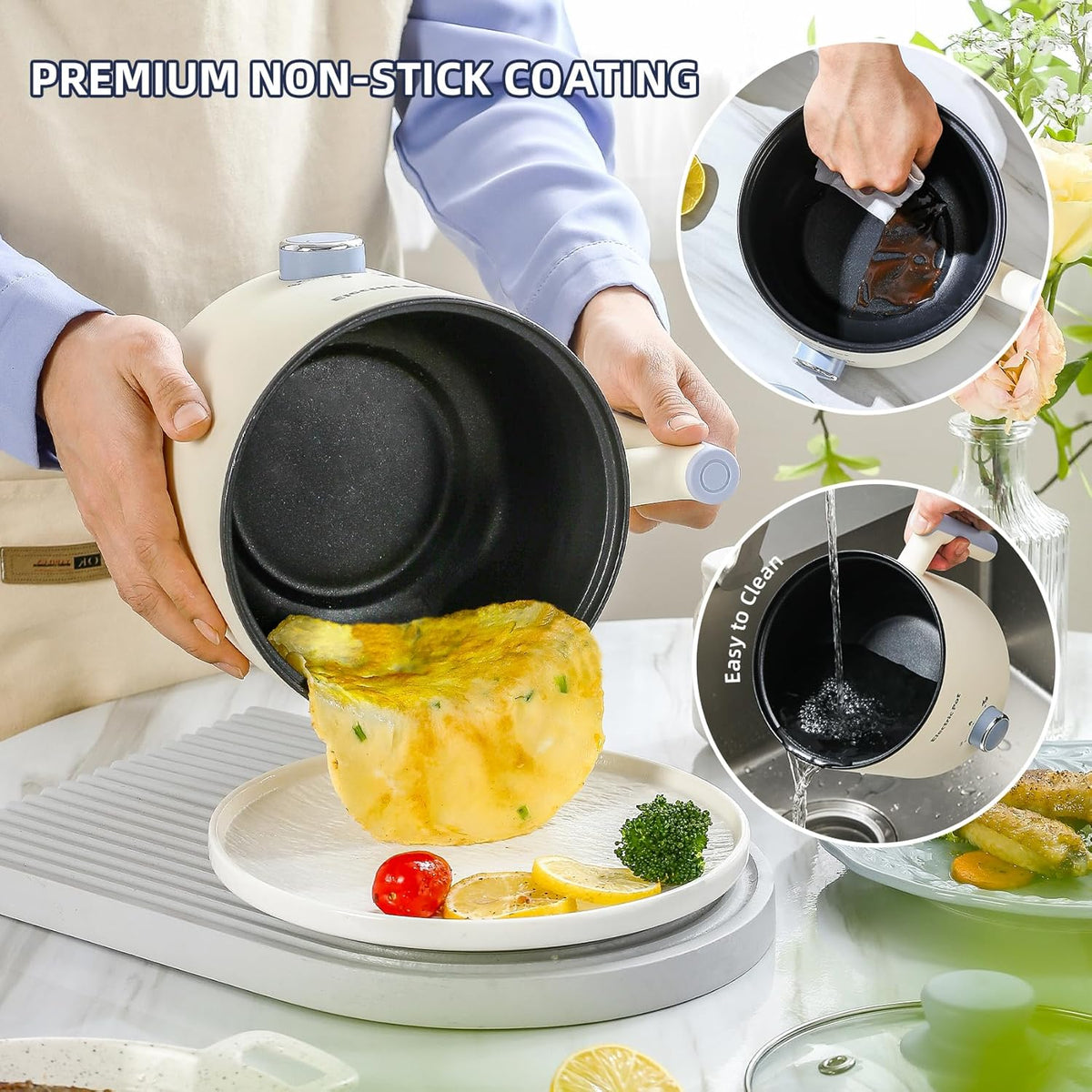 Electric Hot Pot:1.5 L Ramen Cooker, Dual Power Mini Portable Multi-Functional Lazy Pot for Pasta, Noodles, Egg, Soup, Non-Stick Noodle Cooker with Boil Dry Protection for Dorm, Office (Beige)
