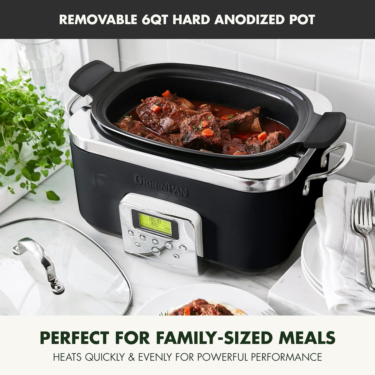 GreenPan Elite 14-in-1 Programmable 6QT Electric Slow Cooker, Dishwasher Safe Lid & Removable Crock, PFAS-Free Healthy Ceramic Nonstick Multi-Cooker, Sear, Sauté, Brown, Steam Basket, Roast, Black