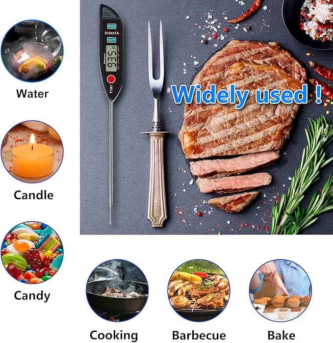 BOMATA Digital Water Thermometer for Water, Liquid, Candle and Cooking. Instant Read Food Thermometer Waterproof IPX7 with Long Probe for Cooking, Meat, BBQ! T101 (Black Color)…