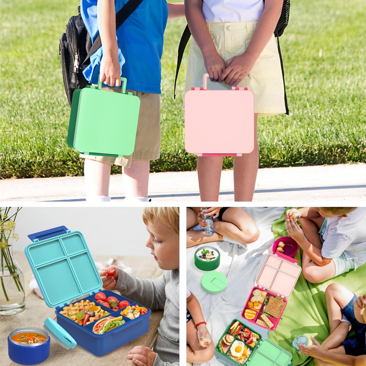 Bento Lunch Box with 8oz Soup Thermo, Leak-Proof Lunch Containers with 4 Compartment, Thermo Hot Food Jar and Insulated Lunch Box for School Green