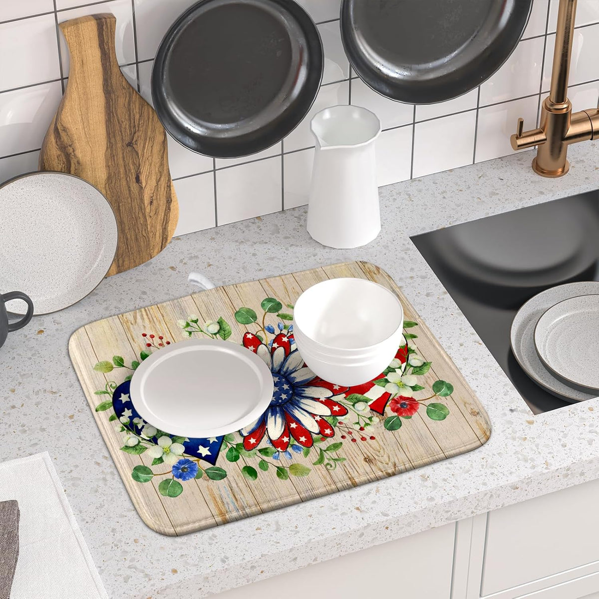 Independence Day Dish Drying Mat 16x18 inch Patriotic Love Heart Fast Dry Microfiber Dishes Drainer Rack Pad Kitchen Counter Accessories