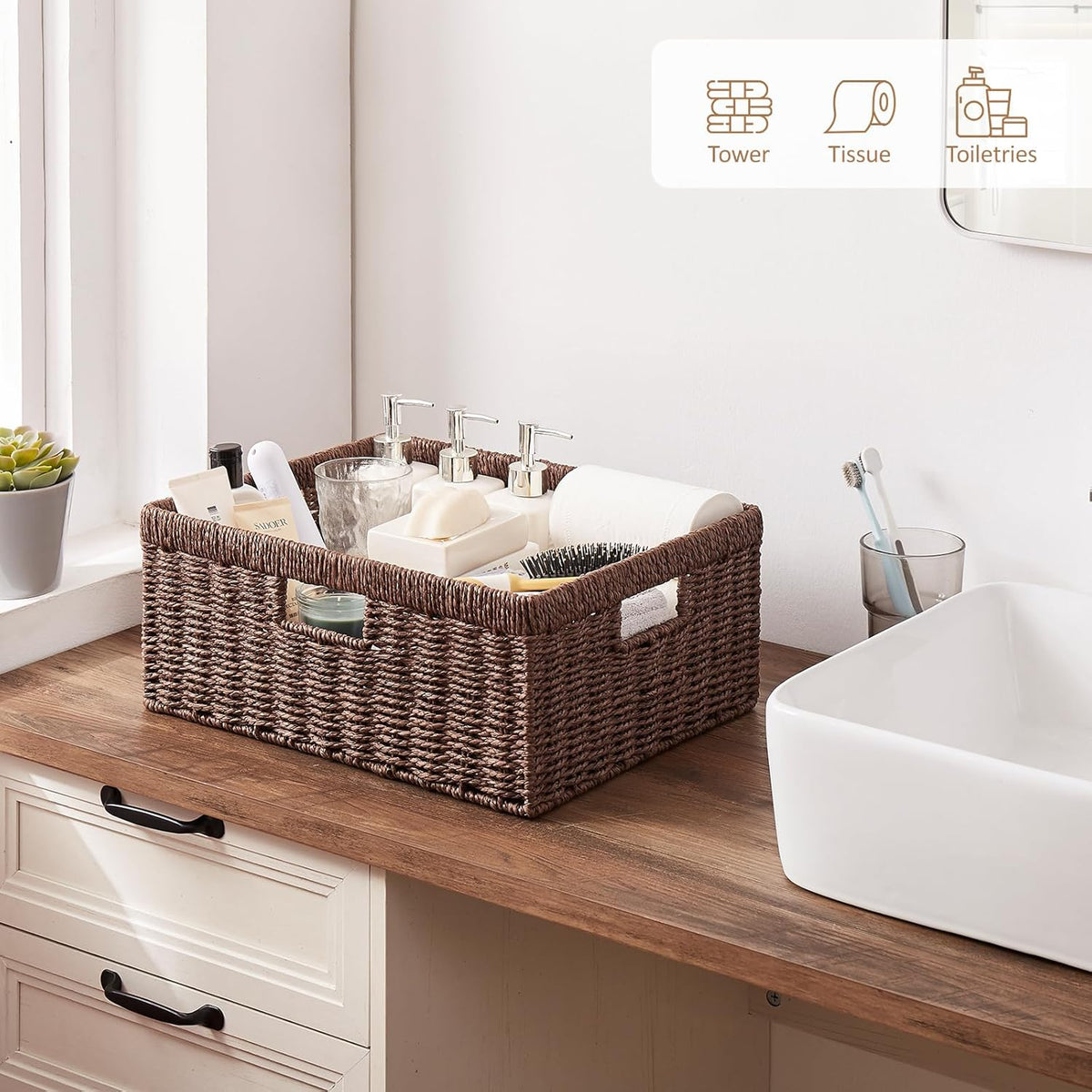 OIAHOMY Wicker Basket, Paper Shelf Basket with Built-in Handles, Rectangular Wicker Storage Bin for Pantry, Shelves, 1 Pack-Brown