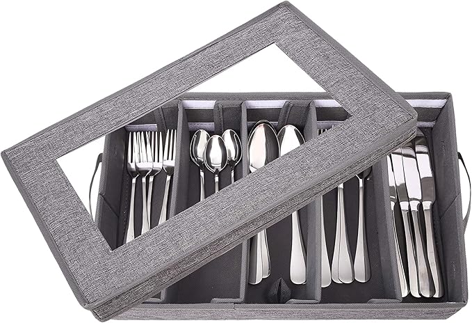 Silverware Storage Box, Flatware Storage, Utensil Storage with Removable Lid and Adjustable Dividers for Organizer Utensils, Cutlery, Flatware, Knives, Large Capacity Gray