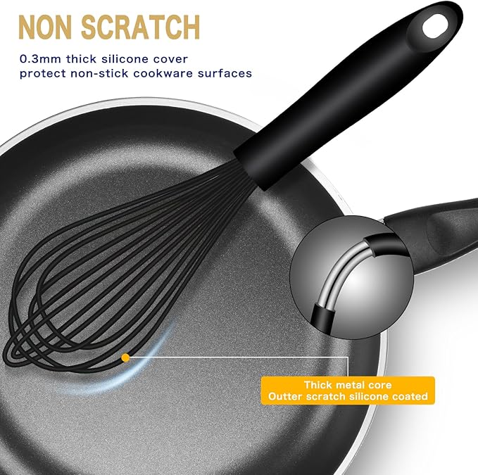 Dishwasher Safe Silicone Whisk, Sealed Waterproof Design Set of 3, Professional Kitchen Whisks for Cooking Non-Scratch, Silicone & Stainless Steel Whisk, Heat Resistant Balloon Egg Beater, Black