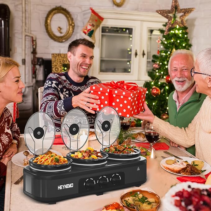 Triple Slow Cooker, 3×1.5 QT Buffet Servers and Warmers, 3 Pots Buffet Slow Cooker Adjustable Temp Lid Rests Stainless Steel Black