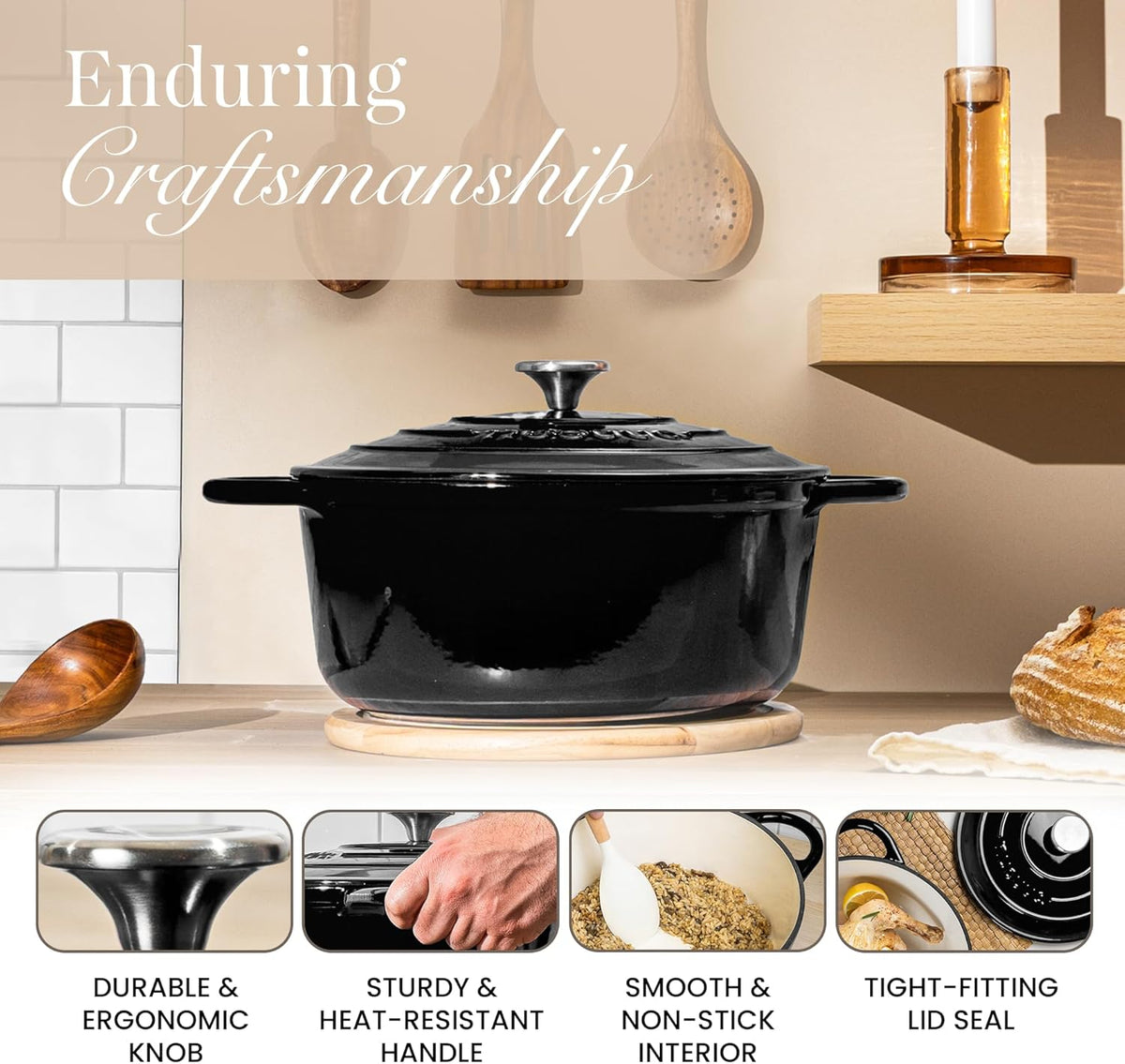 Nuovva Enamelled Cast Iron Dutch Oven Pot with Lid – 6.4 Quart Non Stick Casserole Pot – Heavy Duty & Oven Safe up to 500° F for Bread Baking, Braising, Stews, Roasting – 28cm Black