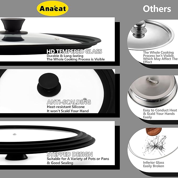 Anaeat Silicone Universal Lid for Pots, Pans and Skillets - Tempered Glass Covered with Heat Resistant Silicone Rim Fits 10", 11" and 12" Diameter Cookware -Easy to Use Replacement Frying Pan Cover