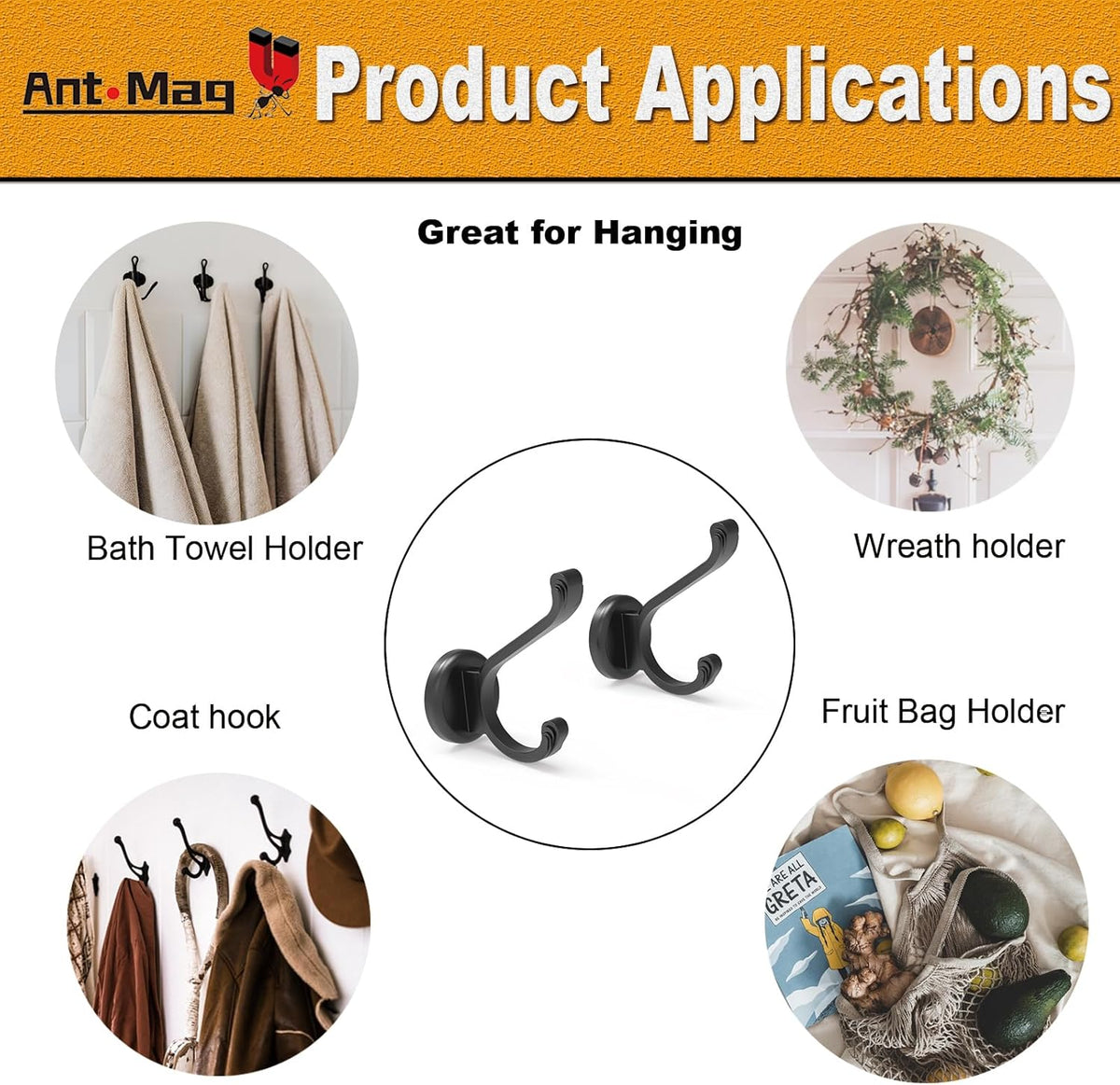 Ant Mag Magnetic Hooks Heavy Duty 140lbs Neodymium Magnet Wall Hooks for Hanging Coats Robes Backpacks Bags Hats Keys Mugs Cups Towels