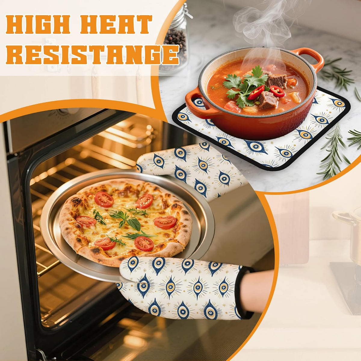 Evil Eyes Oven Mitts and Pot Holders,Heat Resistant Oven Mitts Gloves and Pot Holder for Home Kitchen Decorations Cooking Baking BBQ Gifts,Set of 4