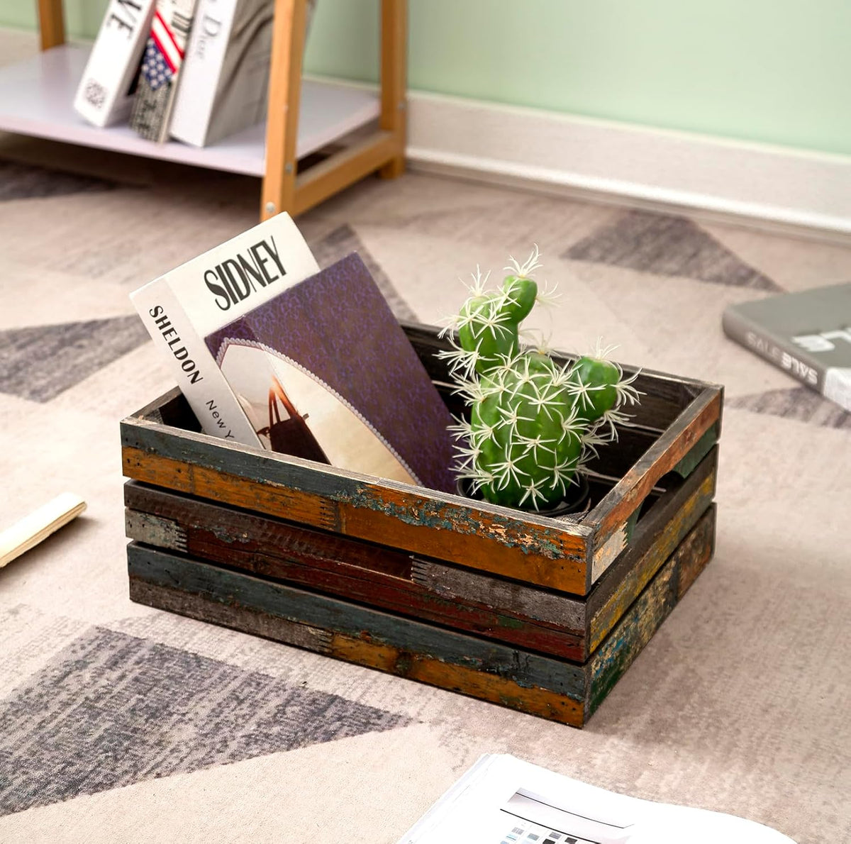 TIMRIS Set of 3 Rustic Distressed Wood Nesting Crates, Farmhouse Decorative Wooden Storage Boxes, Large Vintage Reclaimed Wood Baskets for Display (Random)