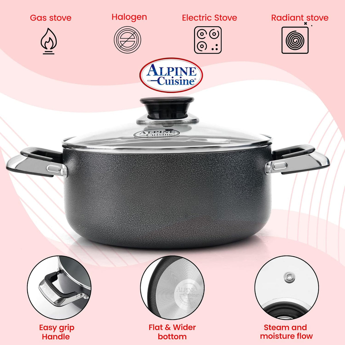 Alpine Cuisine 2.2 Quart Non-stick Stock Pot with Tempered Glass Lid and Carrying Handles, Multi-Purpose Cookware Aluminum Dutch Oven for Braising, Boiling, Stewing