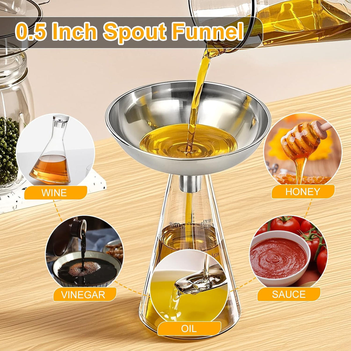 2 Pack Stainless Steel Kitchen Funnel Set for Filling Bottles - 2 Different Caliber Sizes, Seamless One-Piece Design for Transferring Oils Spices Powder Mixes (Easy to Clean)