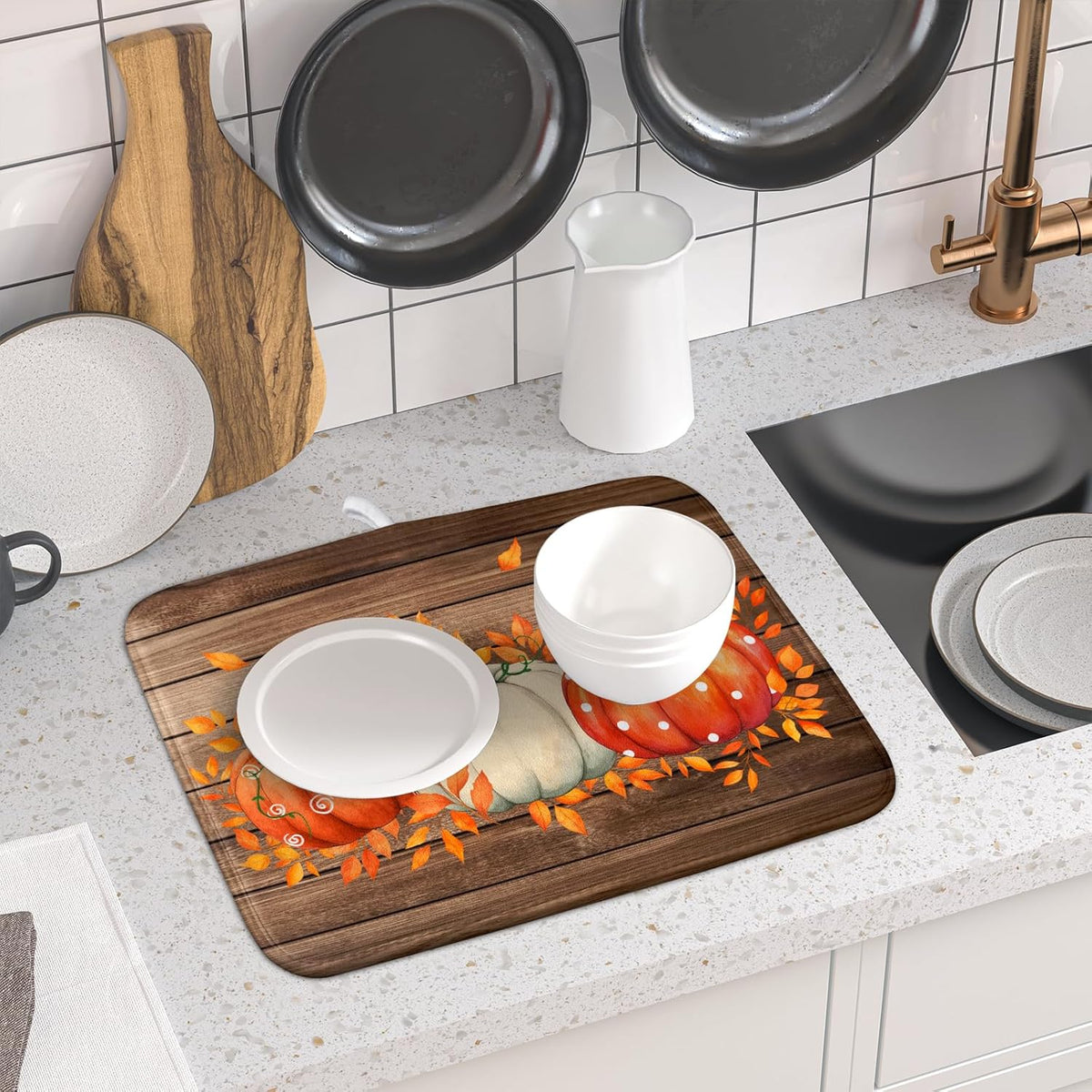 Autumn Pumpkin Dish Drying Mat Rustic Wood Dish Drainer Mats Fast Dry Microfiber Reversible Dish Drying Pad Kitchen Decoration 16x18 inch
