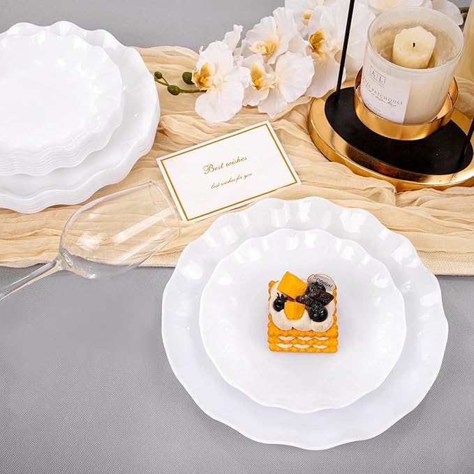 LIYH 24 Pcs White Plastic Plates Reusable - Unbreakable Party Plates, Microwave & Dishwasher Safe Camping Plate Sets Perfect for Parties, Birthday, Picnics, BPA Free (12Guests)