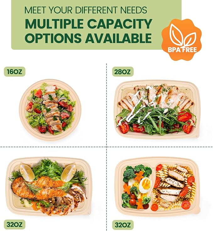 100 Piece (50 Pack) Meal Prep Containers with Lids,32 oz Resuable Cornstarch Material Salad Containers, Plant-based Lunch Boxes, Plastic Take Out Bowls BPA Free, Microwave Freezer Safe, Stackable