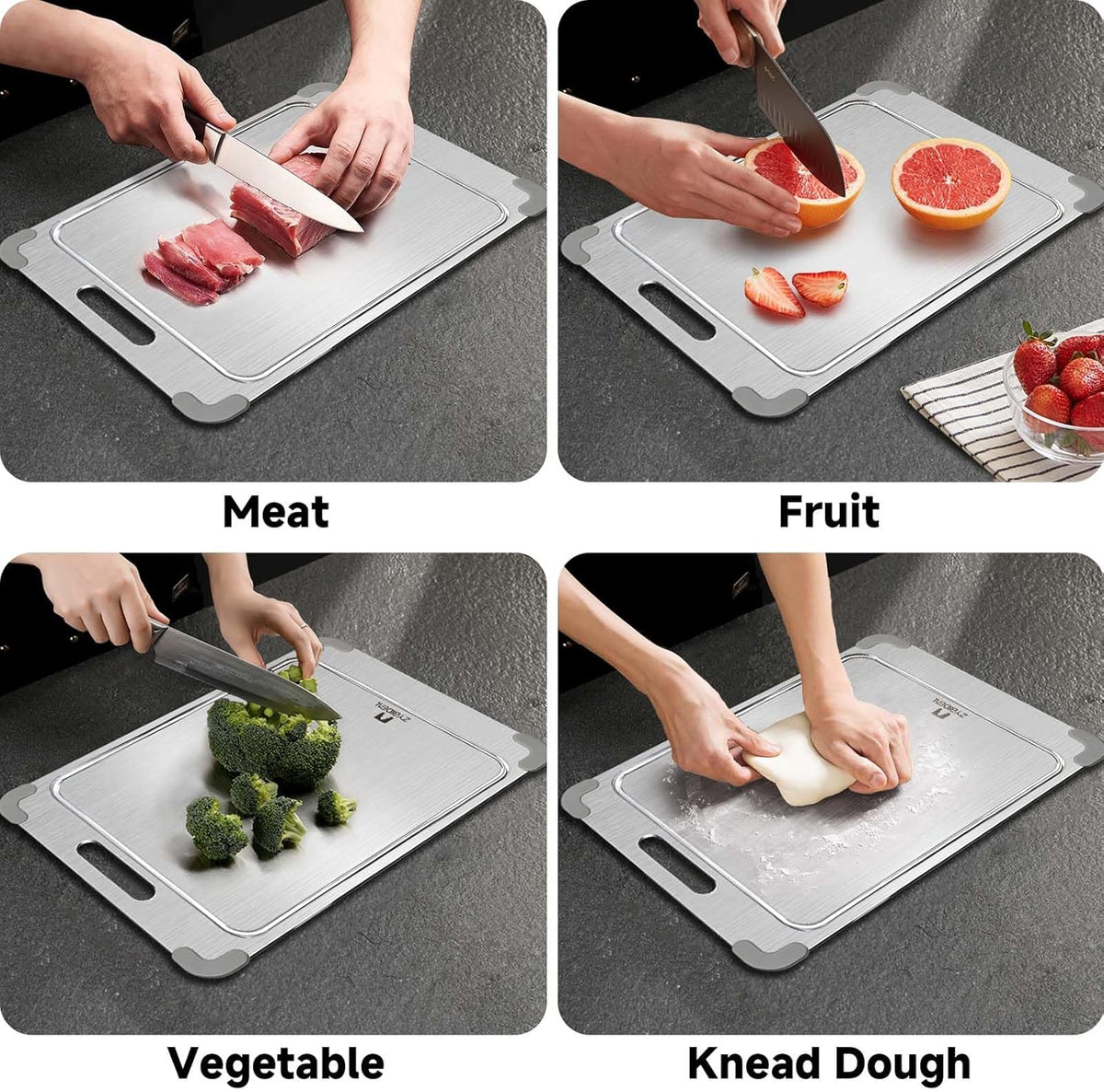 3Pcs 100% Pure Titanium Cutting Board with Grooves, Update Double Side Titanium Chopping Board, Silicone Anti-slip Stainless Cutting Boards Set for Kitchen, Grey