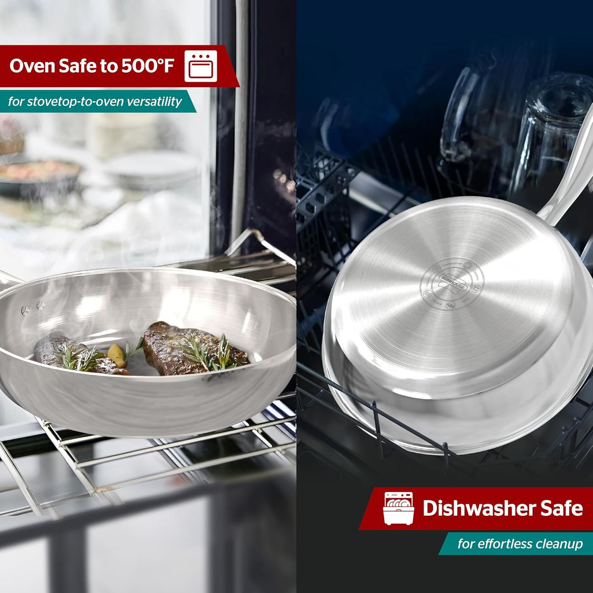 Sunhouse 9.5 Inch 18/10 Chef Series Stainless Steel Frying Pan, Tri-Ply Stainless Steel Construction, PFOA-FREE, Stay-Cool Handle, Induction Compatible