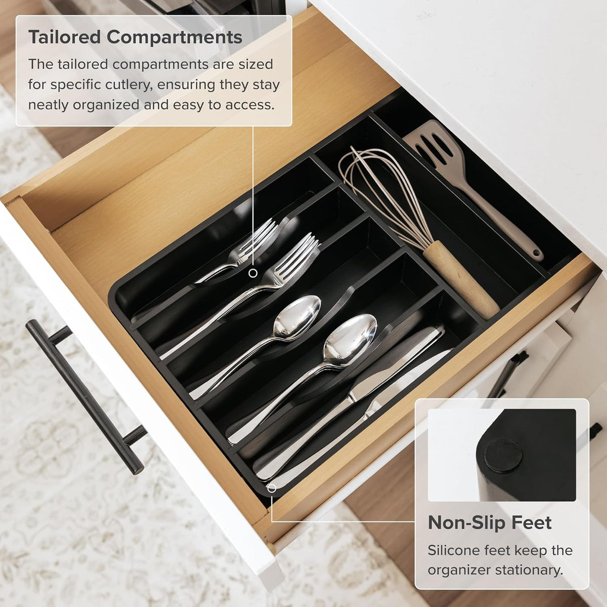 KitchenEdge Silverware Organizer - Cutlery, Flatware, and Utensil Holder for Kitchen Drawers, Fixed 10.5” Width, 7 Storage Compartments, Non-Slip Feet, Rounded Corners, 100% Bamboo, Black Finish