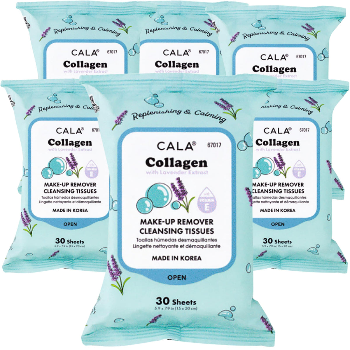 CALA Makeup Remover Cleansing Tissues: Collagen with lavender (30 Sheets) - Gentle, Hydrating, and Effective Makeup Removal for All Skin Types (180 count, COLLAGEN + Lavender, Pack of 6)