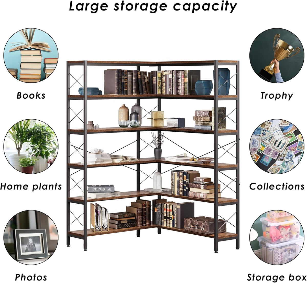 6-Shelf Corner Bookshelf, Vintage Industrial L Shaped Bookshelf Etagere Bookcase, Corner Shelf with Metal Frame Open Storage Rack Corner Book Shelf for Home Office Living Room (Retro Brown)