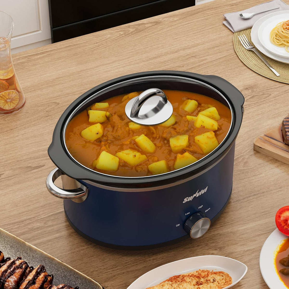 Sunvivi 3 Quart Slow Cooker & Mini Food Warmer with 3 Heating Settings, Removable Ceramic Pot, Dishwasher Safe Glass Lid, Stainless Steel, Blue