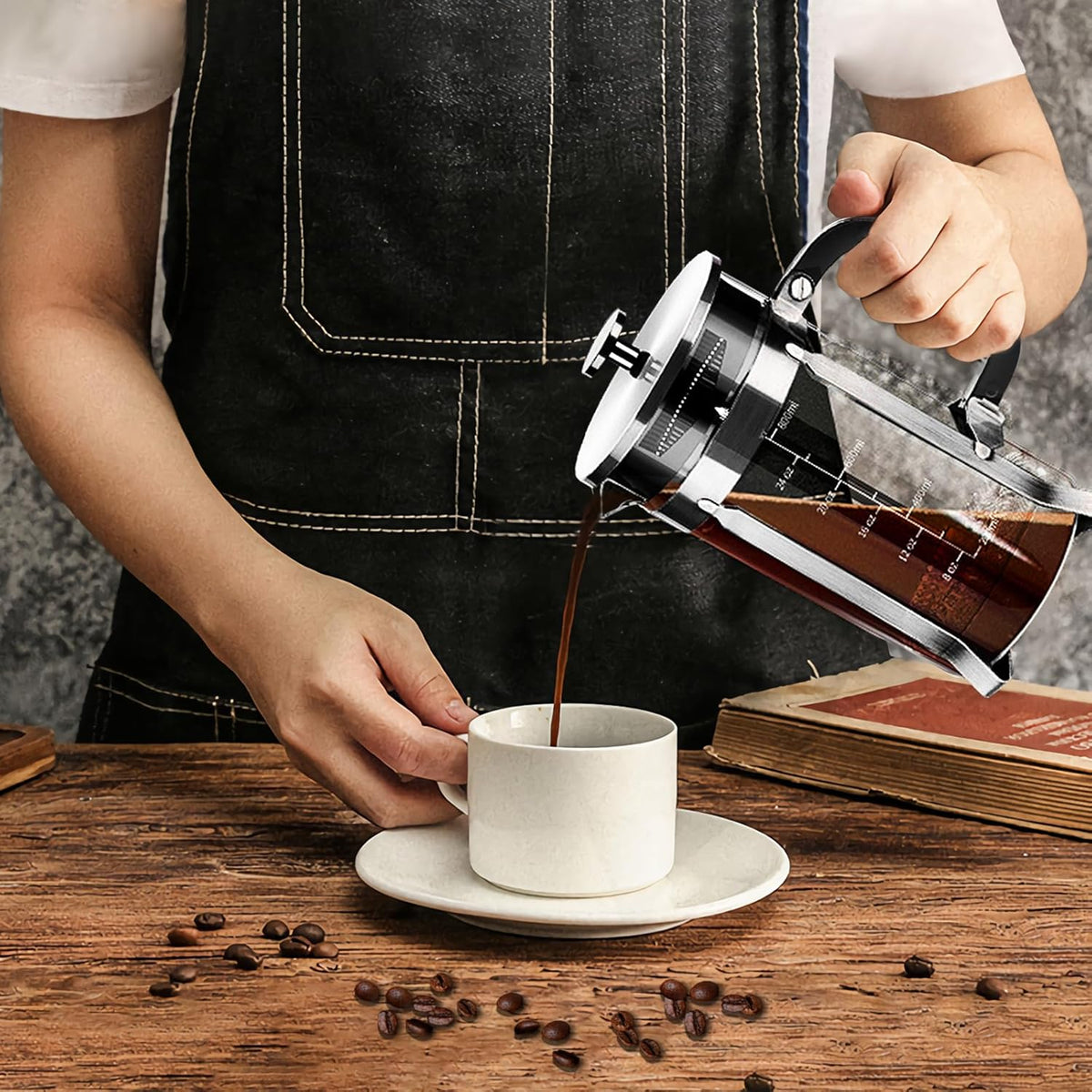 French Press Coffee Maker 304 Stainless Steel Coffee Press,with 4 Filters System, Heat Resistant Thickness Borosilicate French Press Glass, BPA-Free Brewed Tea Pot Coffee Plunger